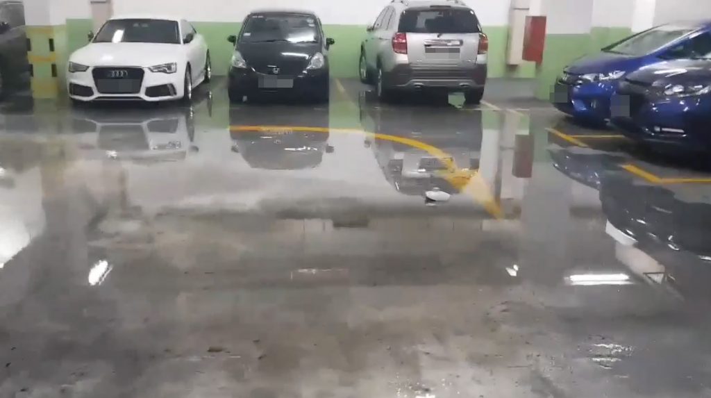 Collapsed Water Pipe At Yishun Car Park Leads To Flood & 'Free Car Wash'