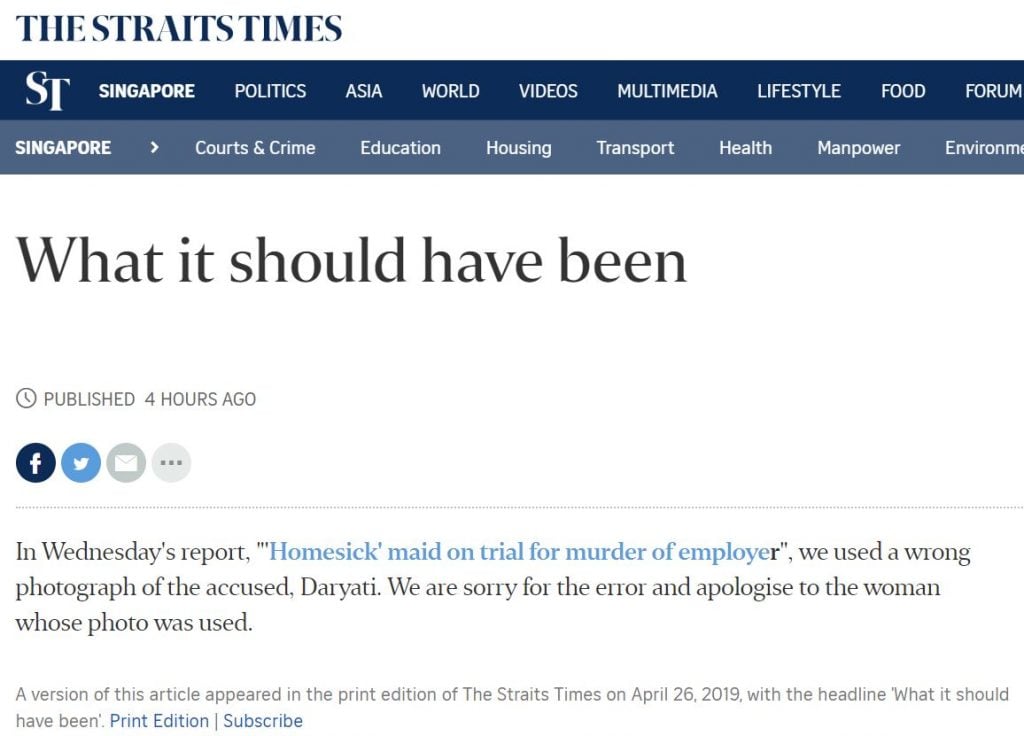 Straits Times Apologises For Helper's Photo Wrongly Used In Murder Case ...