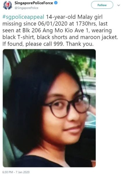 Missing 14-Year-Old Girl Last Seen In Ang Mo Kio On 6 Jan, Police ...