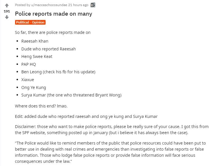 8 Police Reports Lodged Since Ge2020 Began Redditor Questions If