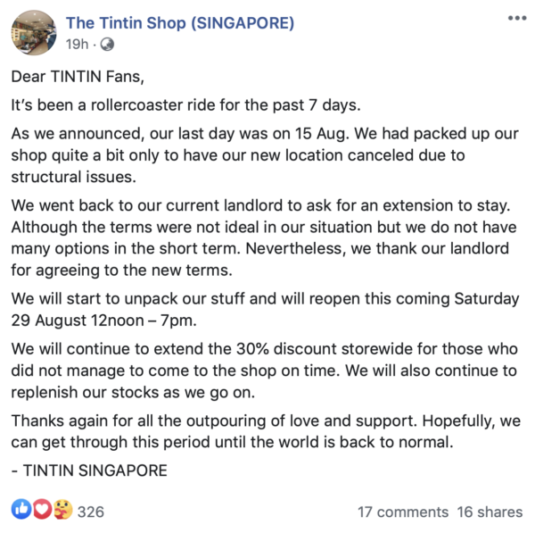 Tintin Shop Facebook post