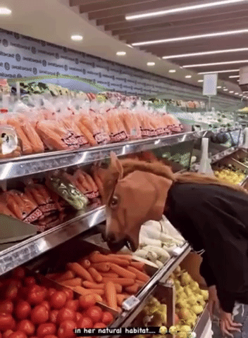 Choosing fruits with horse mask