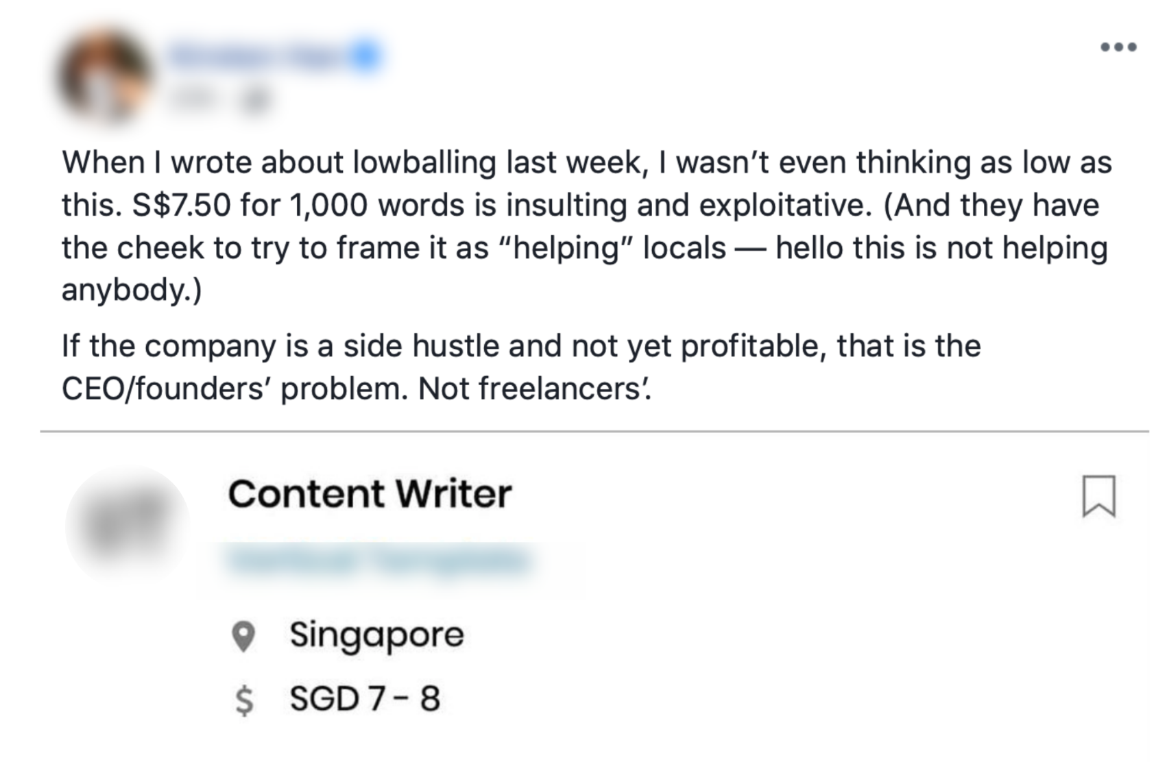 Facebook post of company lowballing for $7.50 for 1,000 words