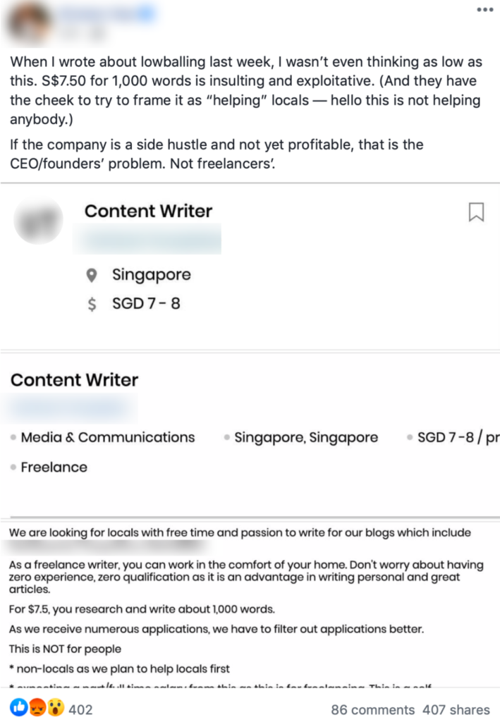 Facebook post showing company offering job of $7.50 for 1,000 words