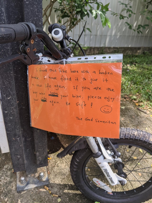 Kind Person Fixes Kid's Bicycle In Queenstown Park, Leaves Note Asking ...