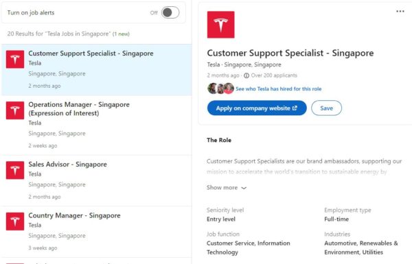 Tesla May Be Returning To S'pore Soon, 10 Job Vacancies Listed On LinkedIn