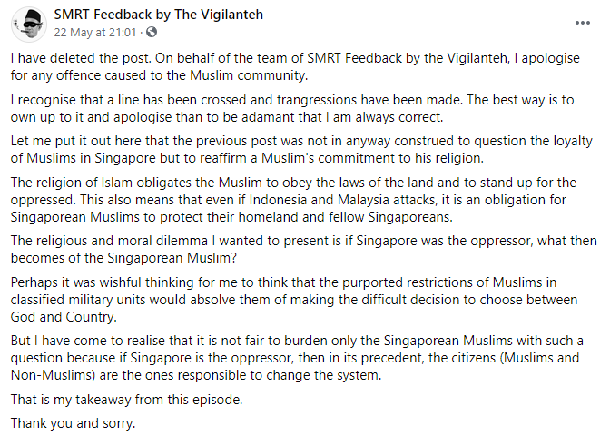 SMRT Feedback By The Vigilanteh Apologises For Post Against Muslim S ...