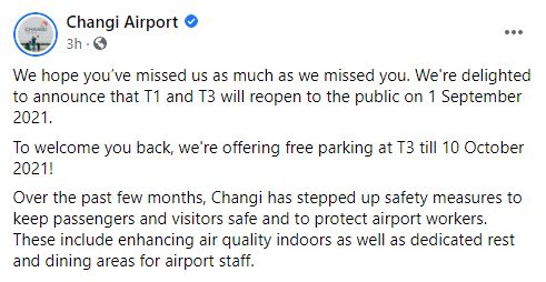 Changi Airport Reopens Terminal 1 and 3 to the Public from 1 Sep – BYKidO