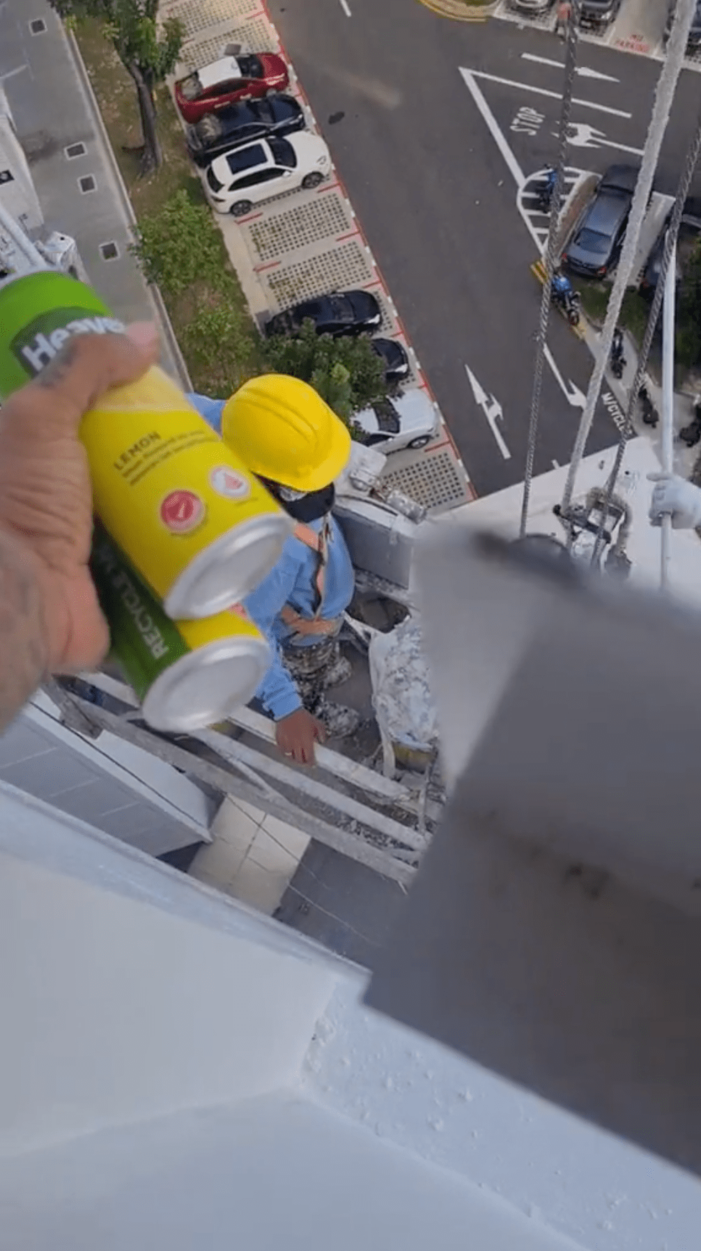 man drinks workers gondola
