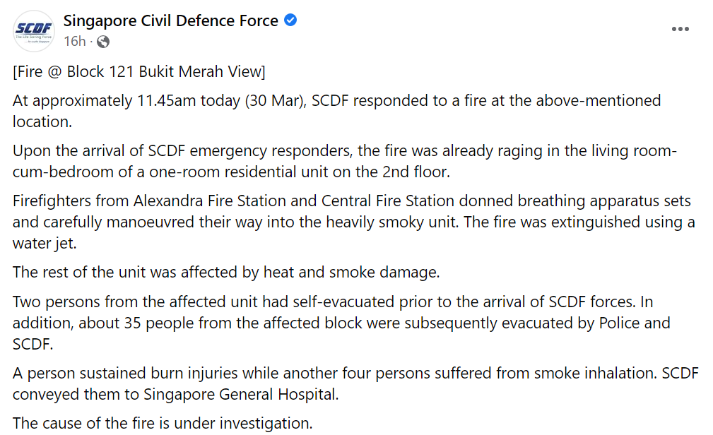 Bukit Merah HDB fire - SCDF statement