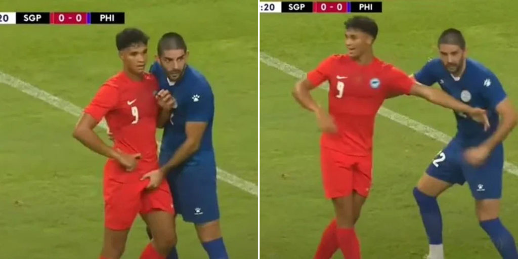 Filipino Footballer Grabs Ikhsan Fandi's Crotch During Intense Moment At National Stadium
