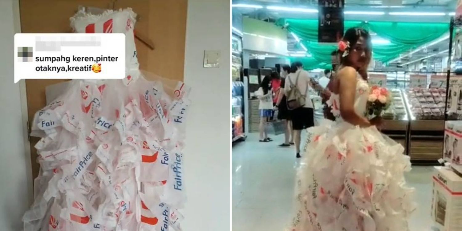 Woman Makes Gown Out Of FairPrice Plastic Bags, Has ‘Fashion Show’ In Supermarket