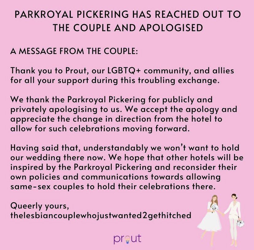 Parkroyal Pickering Apologises For Rejecting Same Sex Couples Request To Hold Wedding Offers 