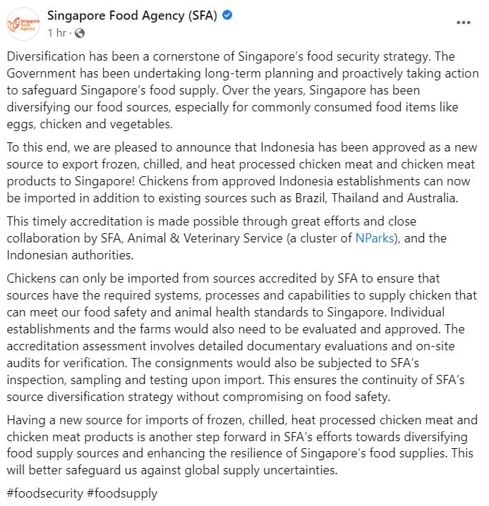 Facebook post by SFA announcing approval of Indonesia for chicken imports