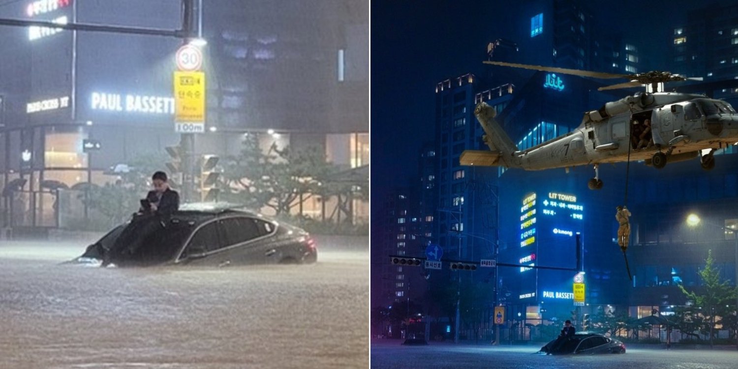 Man Chills On Car After Seoul Floods Leave Him Stranded, Gets Turned Into Meme