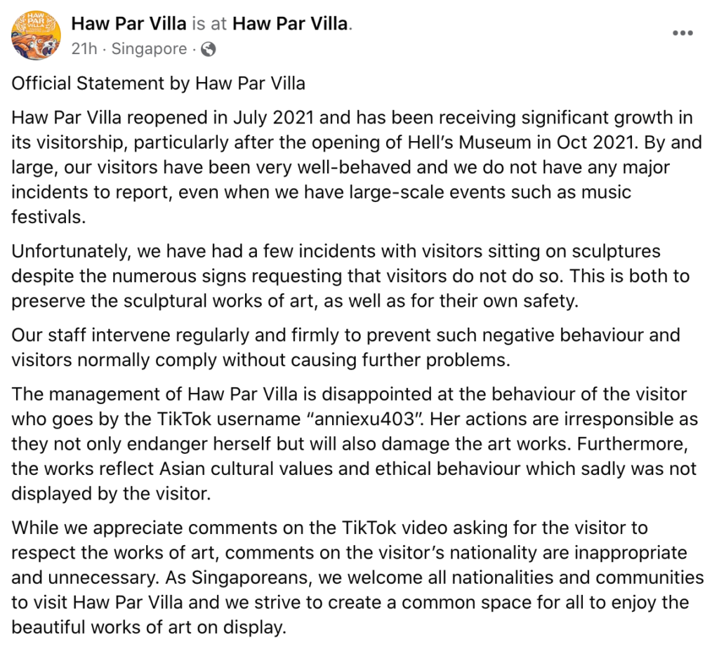 Woman Steps On Haw Par Villa Exhibits, Catches Hell For Irresponsible