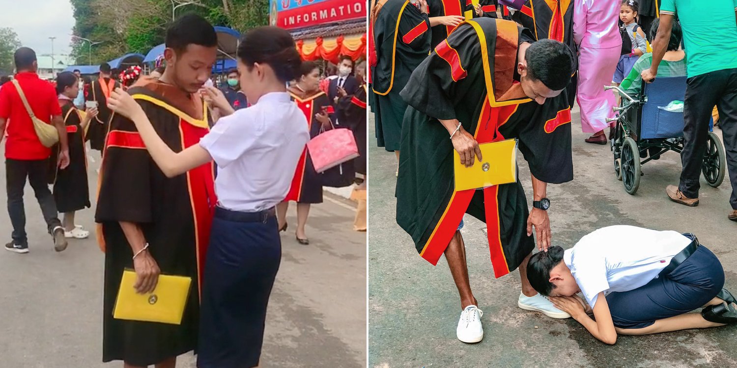 Thai Woman Kneels At Brother's Feet To Thank Him For Sacrificing His Education For Hers