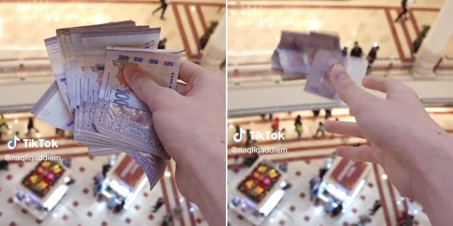 TikToker Tosses Stack Of RM100 Notes Down KLCC, Receives Criticism Online