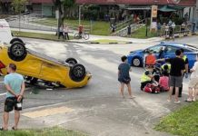Car Collides With Taxi & Flips Over In Ang Mo Kio, Couple Allegedly Flees Scene