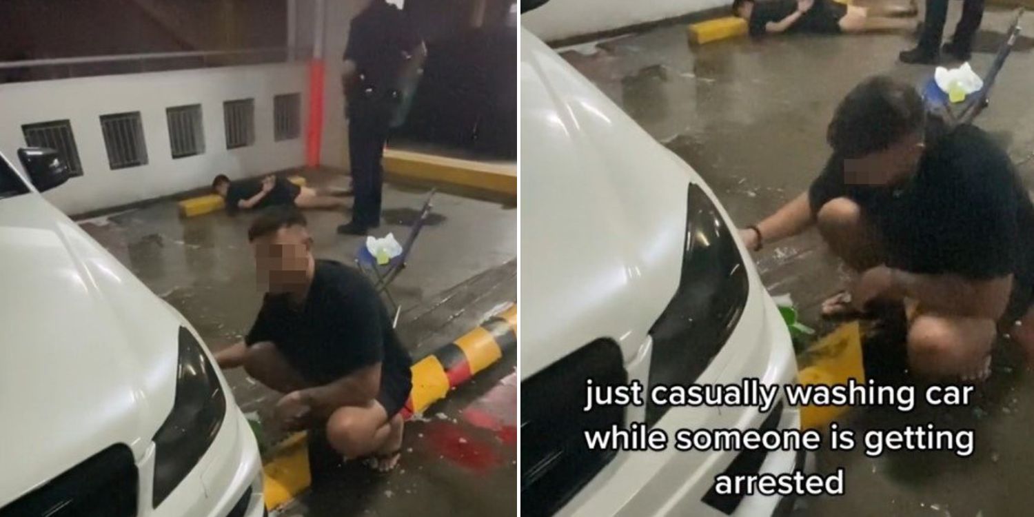 Man Continues Washing Car While Police Arrest Someone At HDB Carpark, Truly Minds Own Business