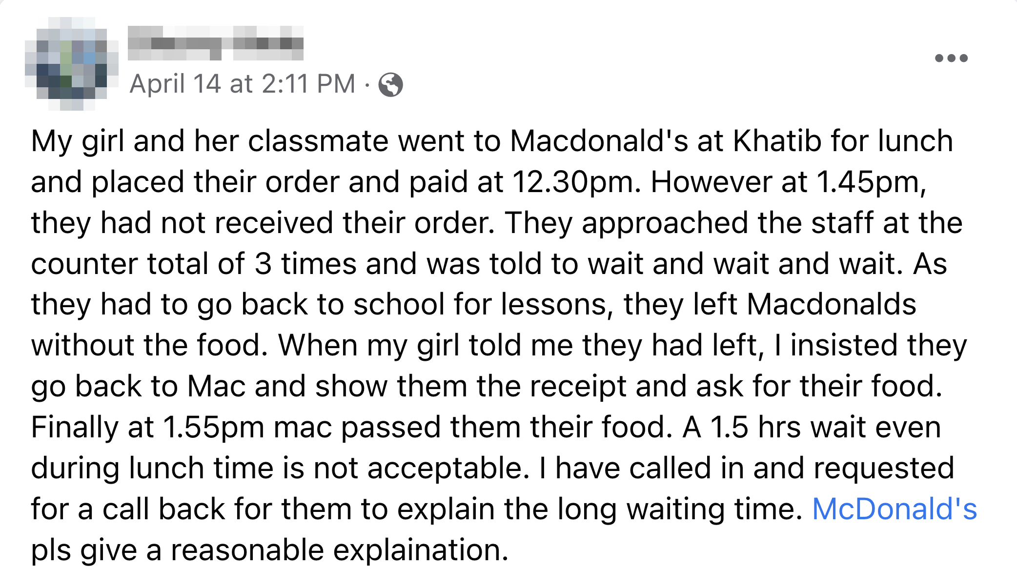 khatib mcdonald's waiting time