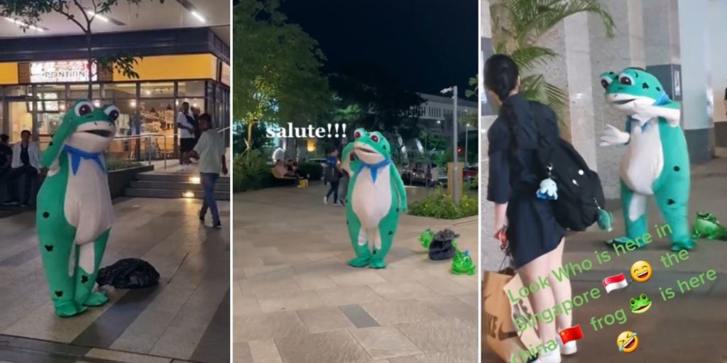 Viral Frog Mascot From China Spotted Around S'pore, Salutes PassersBy
