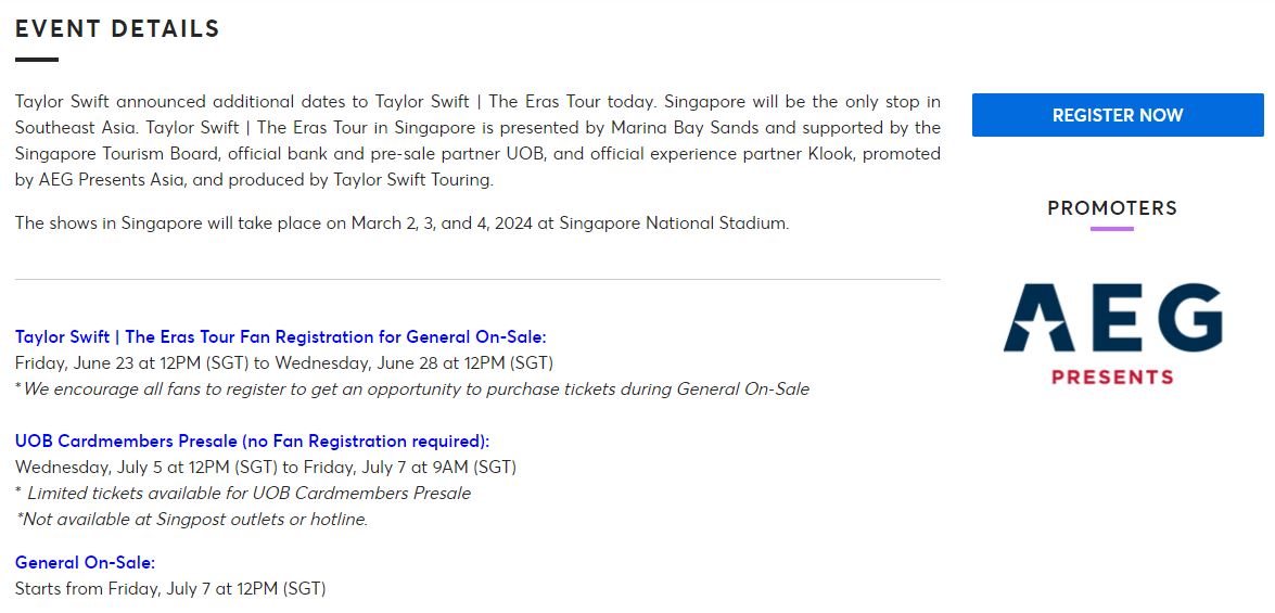 Taylor Swift Concert Tickets Price Singapore