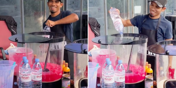 M’sia Hawker Seemingly Uses Evian Water To Make Iced Bandung, Pours 4 Bottles Into One Container