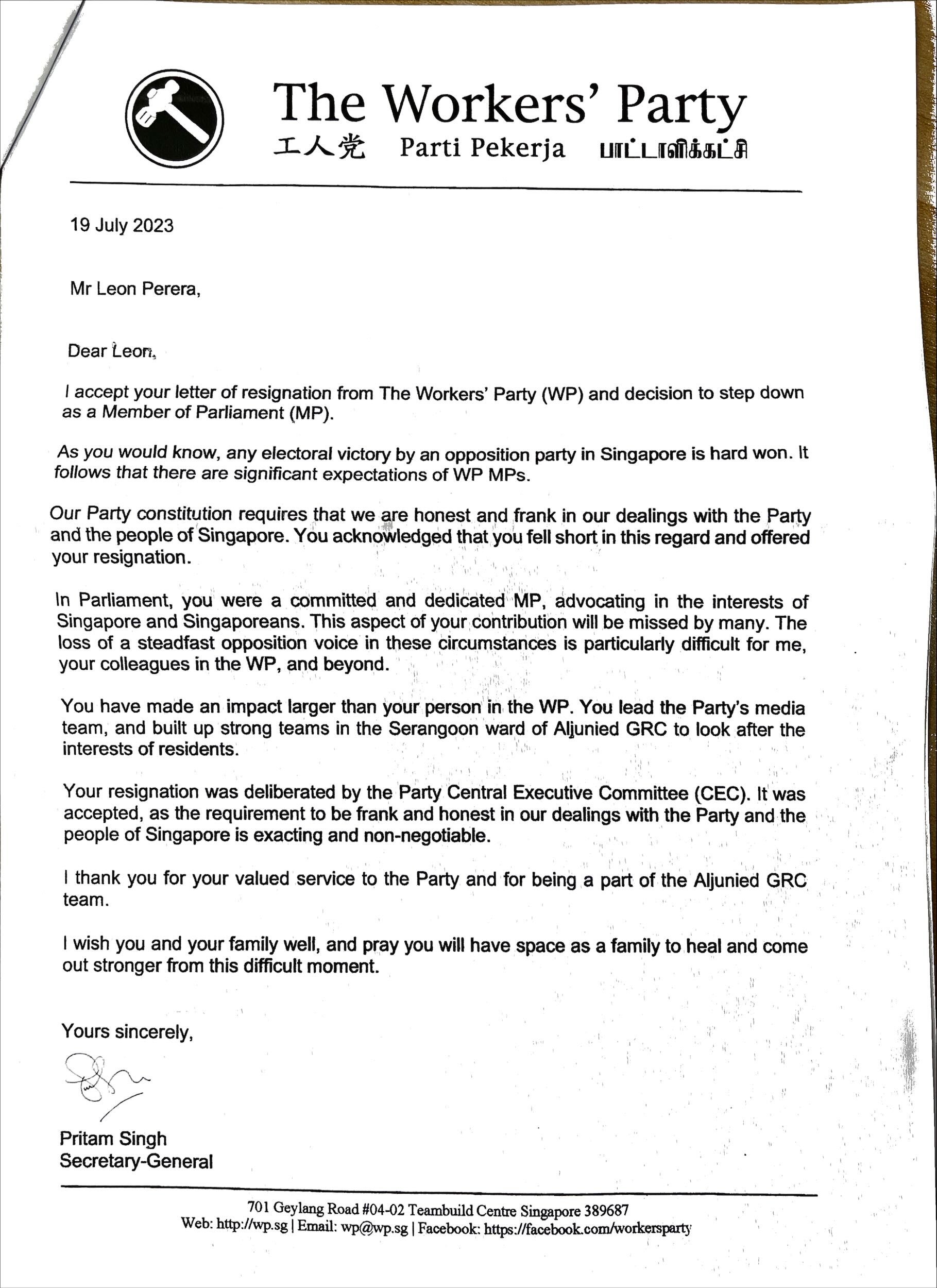 leon perera resignation letter