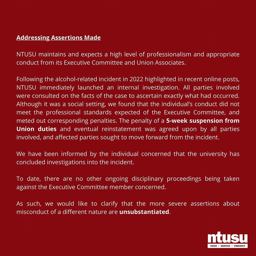 NTU student union suspended