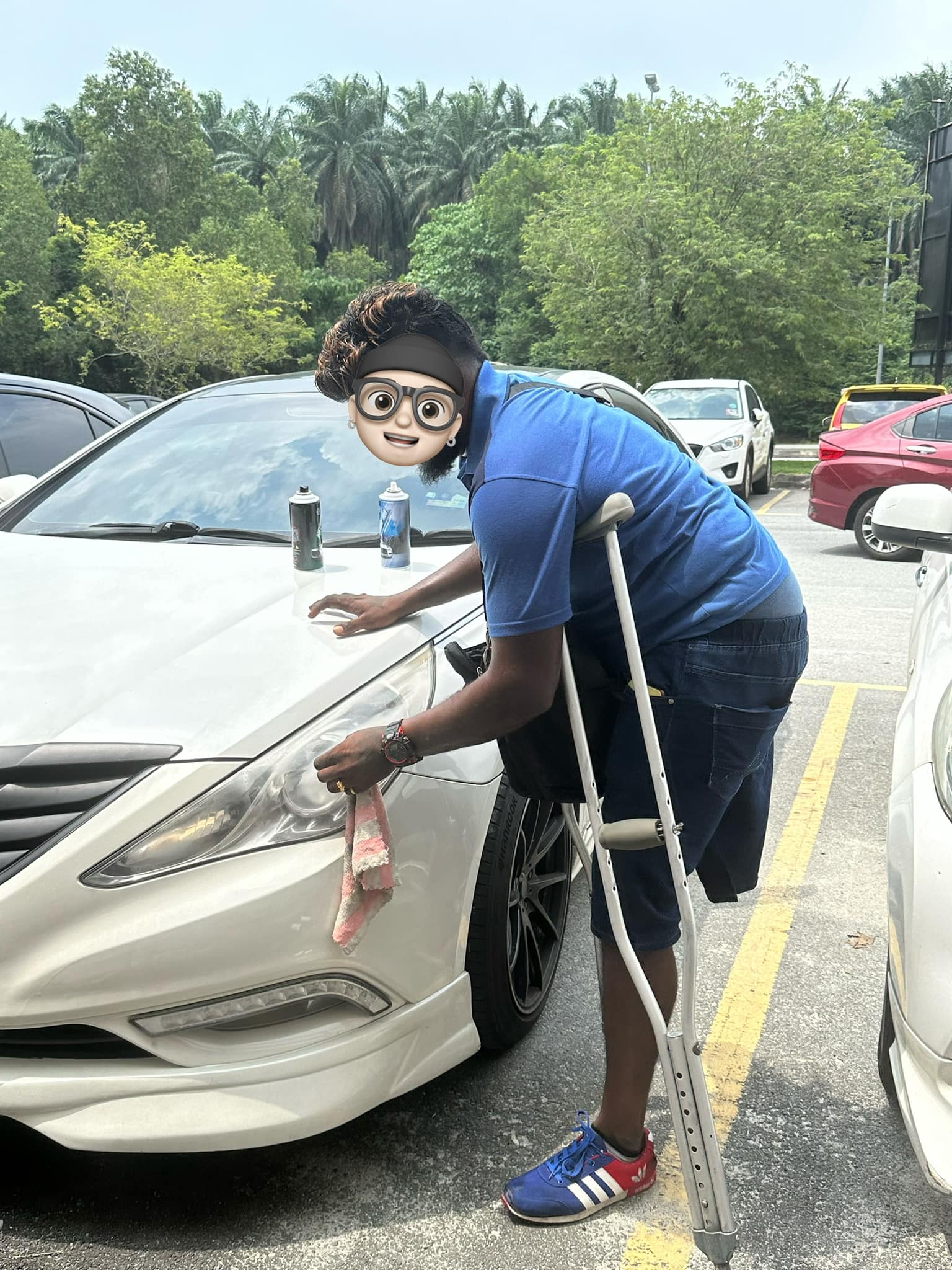 one-legged man clean car