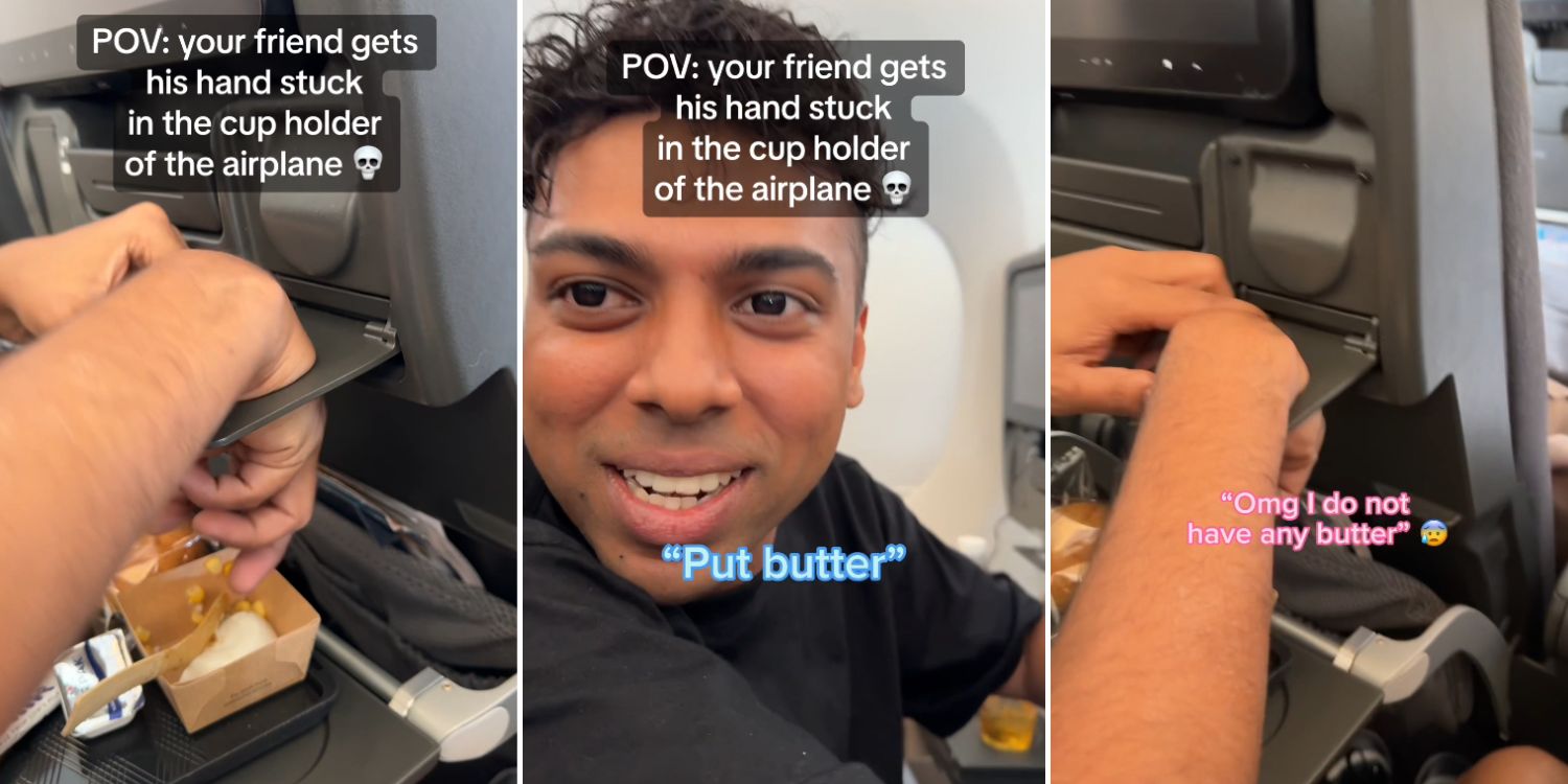 S’pore Influencer On SIA Flight Gets Hand Stuck In Cup Holder, Asks For Butter To Loosen Hand