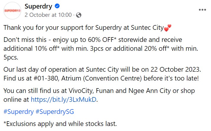 Superdry Suntec City Closing After 22 Oct, Has Up To 60% Off Clothing Sale