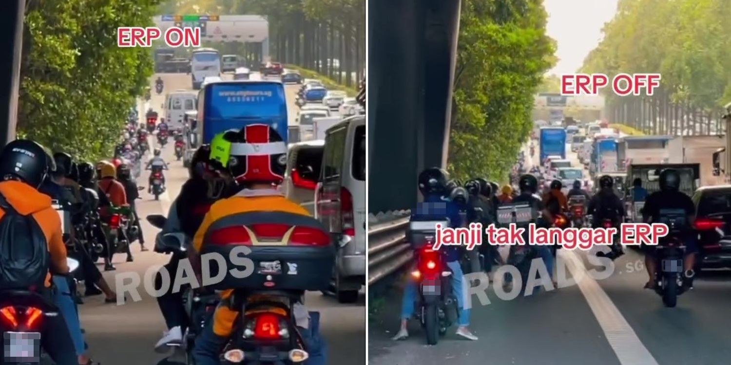 Motorcyclists stop by road shoulder & move only when ERP gantry turns off