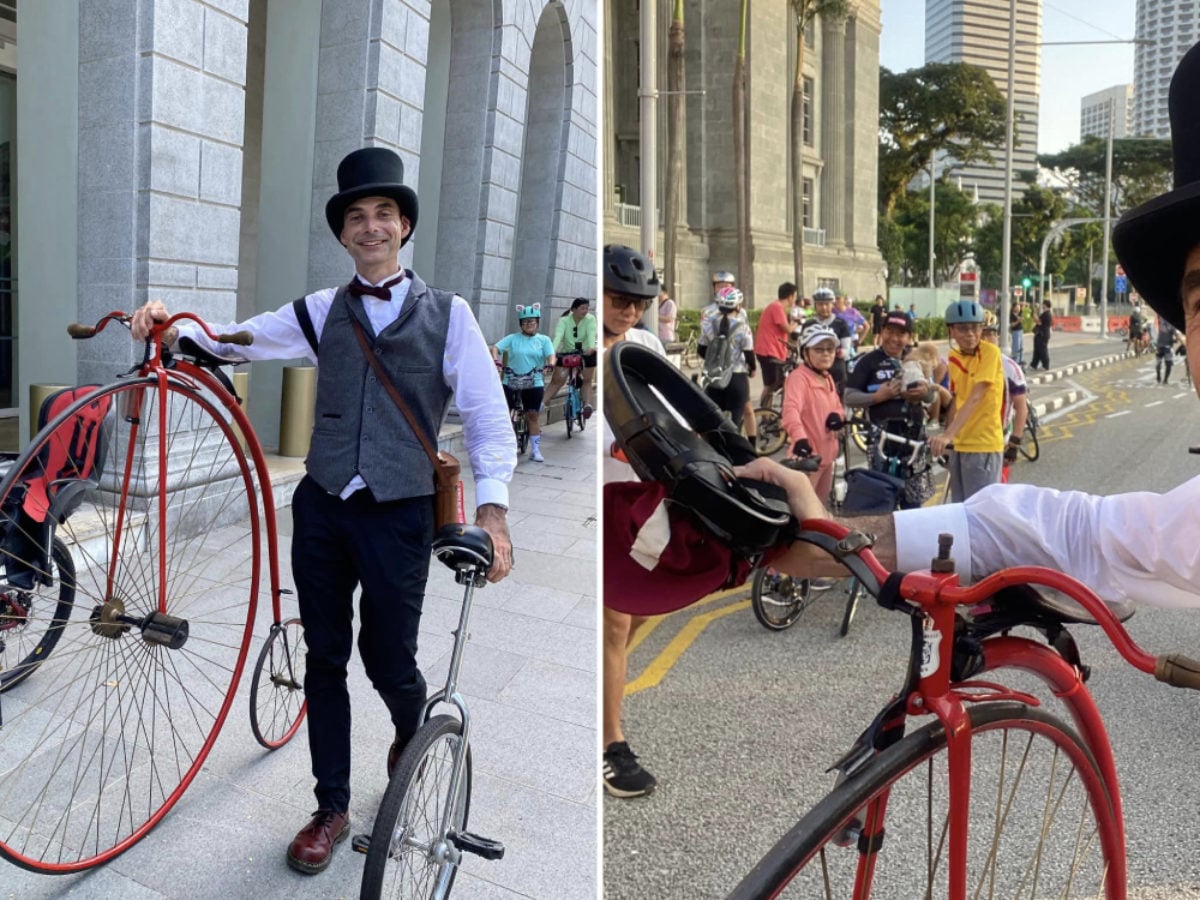 Man rides penny farthing during Car-Free Sunday 2024 in S'pore