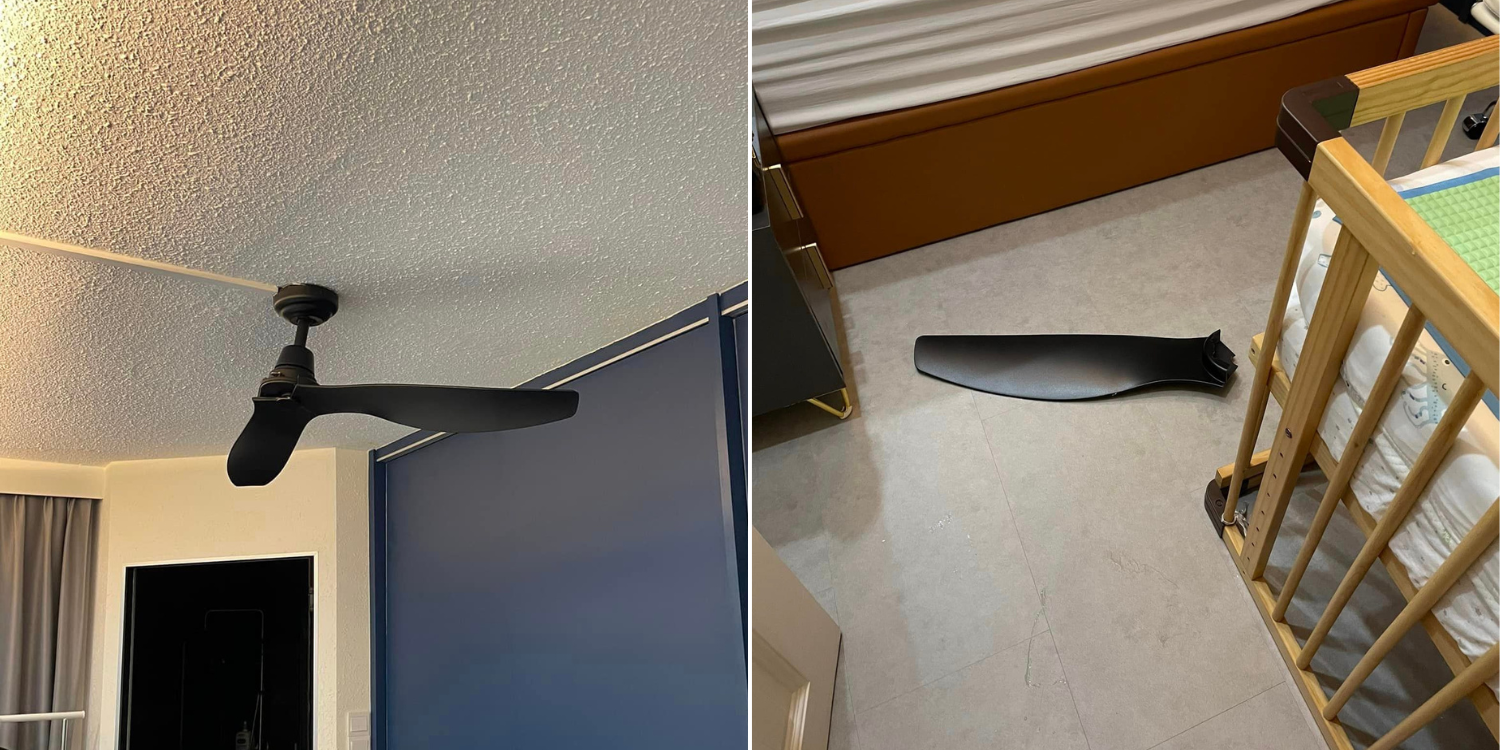 Ceiling fan blade falls shortly after S’pore resident leaves bedroom with baby, he requests compensation