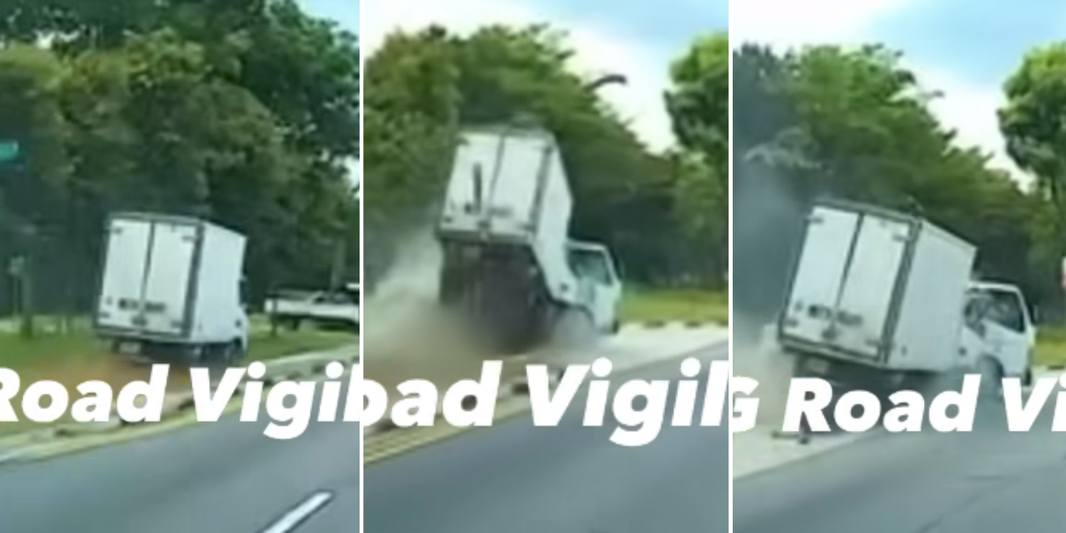 Lorry mounts kerb and rams into truck in Woodlands