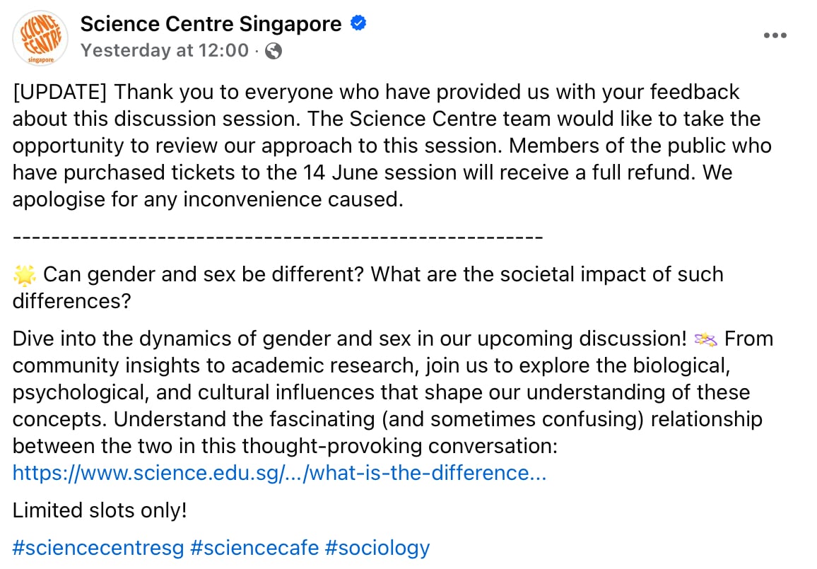 science centre gender sex fb post
