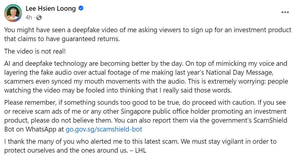 Lee Hsien Loong deepfake ai investment scam