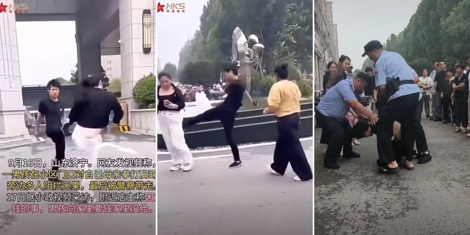 Teen in China repeatedly kicks mother after she refuses to give him money, she tells onlookers not to interfere