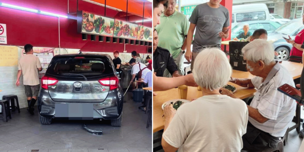 Elderly couple stunned after crashing into M'sia restaurant, owner offers meal to calm them down