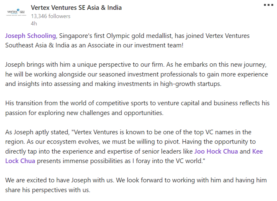 joseph schooling vertex ventures