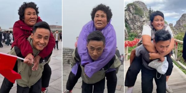 man piggybacks paralysed mother