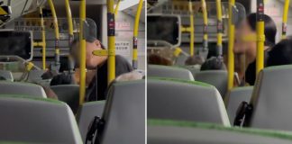 woman licking bus handrail