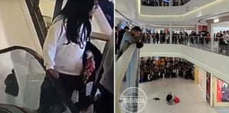 woman falls escalator