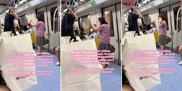 Aunty confronts man allegedly begging for money on MRT train, threatens to call police