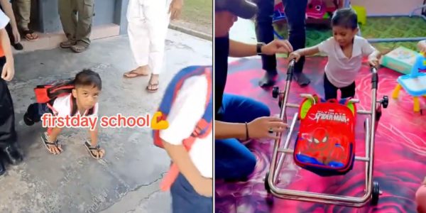 boy crawled school wheeled crutches