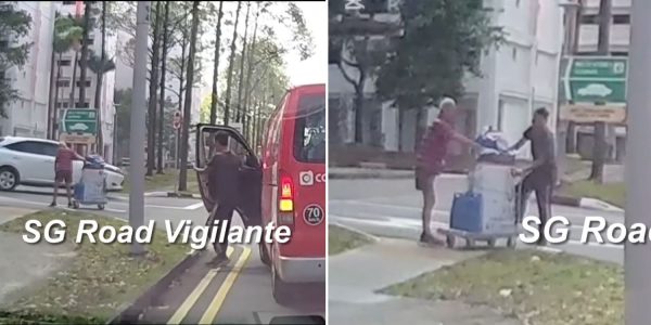 deliveryman help elderly trolley