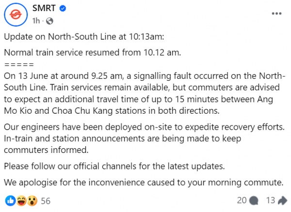 SMRT North-South Line suffers signalling fault during morning peak hour ...