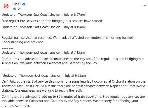 Thomson-East Coast Line suffers morning disruption due to signalling fault